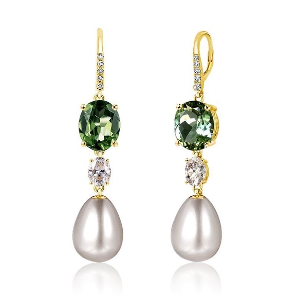 Golden Oval Cut & Pearl Peridot Drop Earrings 925 Sterling Silver - Picture 6 of 8